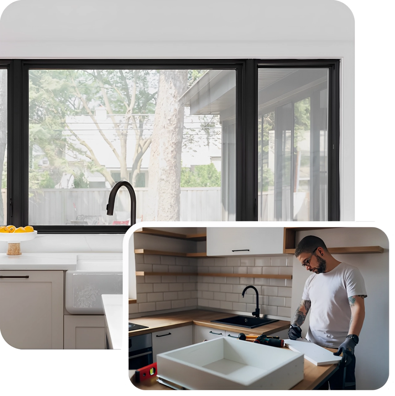 Man installing kitchen cabinets and sink.